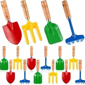 16 Piece Metal Garden Tools Set with Wooden Handles for Kids & Adults