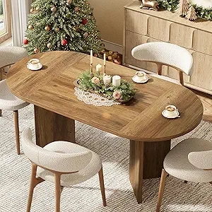 63 Inch Rustic Oval Dining Table for 2-4 People | Farmhouse Kitchen Table with Metal Base