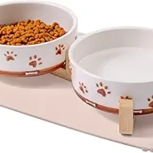 Elevated Dog Bowls with Wood Stand - Ceramic Pet Feeding Bowls for Small Dogs & Cats