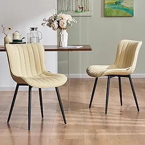 Mid-Century Modern Dining Chairs Set of 2 - Beige PU Leather with Black Metal Legs