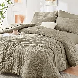 HYMOKEGE Linen Queen Comforter Set 7-Piece Seersucker Bedding - All Season Luxury Bed in a Bag