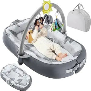 Portable Baby Lounger with Toys - 100% Cotton, Machine Washable, 0-24 Months