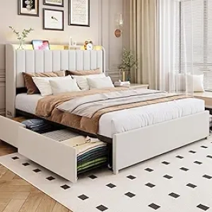 Queen Bed Frame with Storage Drawers, LED Lights & Charging Station