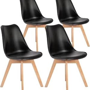 Mid-Century Modern Dining Chairs Set of 4 - Black PU Leather Kitchen Seats