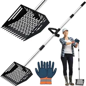 2-in-1 Chicken Poop Scooper - 10" Stainless Steel Sand Sifting Shovel & Rake (35"-62" Adjustable)