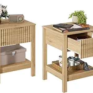 Fluted Mid-Century Nightstand Set of 2 with Golden Handle - Natural Oak Bedside Table