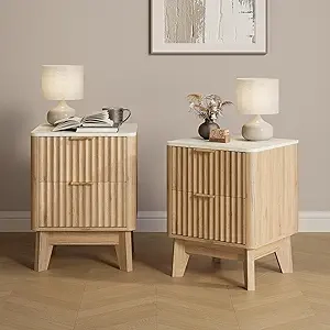 Modern Fluted Nightstand Set of 2 with Faux Marble Top & Storage Drawers