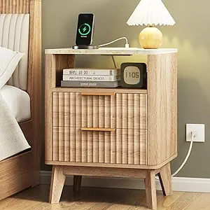 Modern Nightstand with Charging Station - Oak Wood Bedside Table