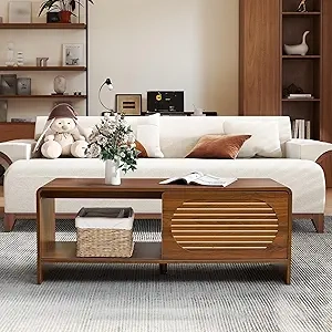 43" Mid Century Modern Coffee Table with Storage & Sliding Door - Walnut Farmhouse