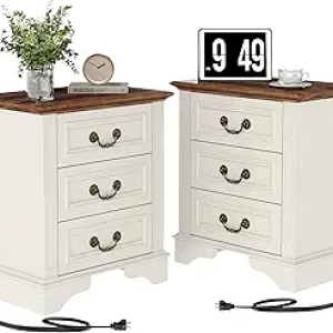 Farmhouse Nightstand with Charging Station & 3 Drawers - White Bedside Table