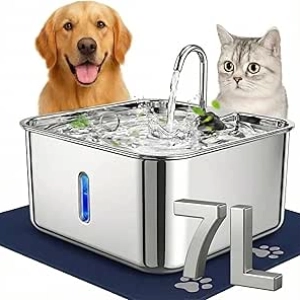 7L Stainless Steel Cat & Dog Water Fountain with Anti-Slip Mat & Quiet Pump