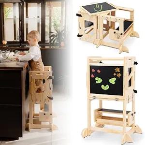 4-in-1 Montessori Learning Tower - Adjustable Toddler Step Stool & Activity Table