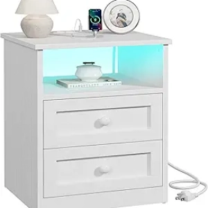 White Wooden Nightstand with Charging Station & LED Lights - Modern Bedside Table