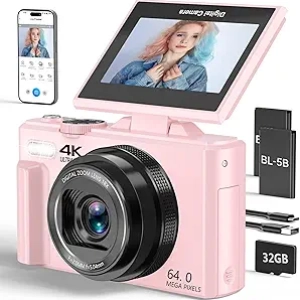 4K 64MP Digital Camera with Flip Screen & 18X Zoom for Vlogging & YouTube