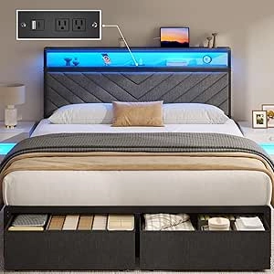 Queen Bed Frame with Storage Drawers, LED Lights & Charging Station