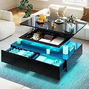 DWVO LED Lift Top Coffee Table with Drawers - Modern Black Rectangular Coffee Table for Living Room