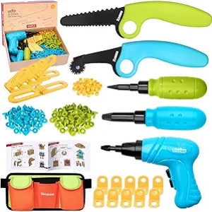 Kids Electric Drill Construction Tool Set - 258PCS STEM Building Kit with Tool Belt