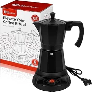 Black Aluminum Electric Moka Pot - 3 & 6 Cup Espresso Maker with Auto-Stop