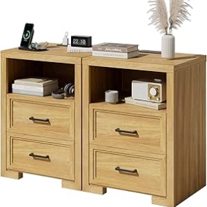Nightstand Set of 2 with Charging Station & Drawers | Oak Wood Side Table