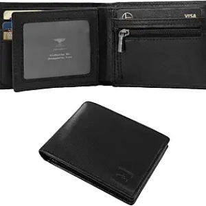 RFID Blocking Genuine Leather Mens Wallet - Slim Bifold with Coin Pouch & ID Windows