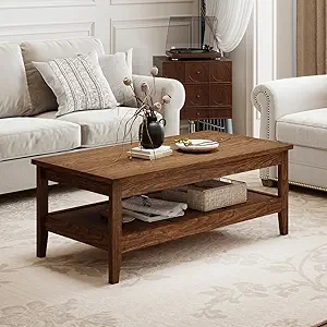 Mid Century Modern Coffee Table 47" - 2-Tier Walnut Wood Storage Center Table