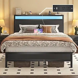 Full Bed Frame with LED Headboard, Built-in Charging Station & Under-Bed Storage