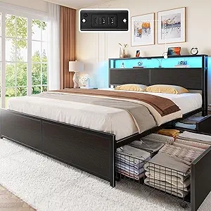 Full Size Metal Platform Bed Frame with 4 Storage Drawers, Charging Station & RGB LED Lights