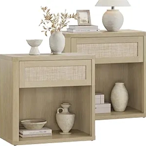 SICOTAS 26" Wide Nightstand Set of 2 - Rattan Boho Bedside Tables with Drawer & Shelf