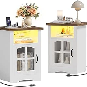 Farmhouse Nightstand with 20W Fast Charging Station & Smart RGB LED - White & Brown End Table