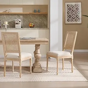 French Country Dining Chairs Set of 2 - Rattan Back Upholstered Chairs