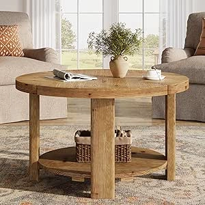 31.5" Round Farmhouse Coffee Table with Storage - Solid Wood Boho Center Table