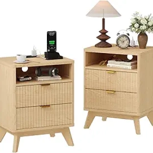 Garvee Modern Fluted Nightstand with Charging Station - Set of 2 Bedside Tables with USB Ports