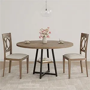 47'' Round Dining Table for 4-6 | Pedestal Base with Storage Shelf | Farmhouse Kitchen Table