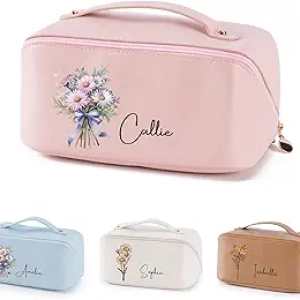Personalized Birth Flower Makeup Bag with Name - Custom PU Leather Cosmetic Organizer