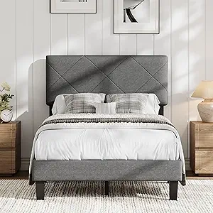Twin Size Platform Bed Frame with Upholstered Headboard | Dark Gray