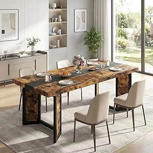 70" Industrial Dining Table for 8 - Farmhouse Wood Kitchen Table with Metal Frame